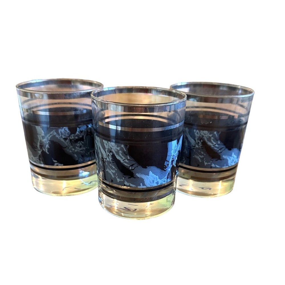 Set of 3 vintage grey black rocks glasses
